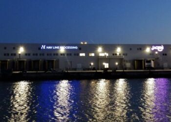 Hav Lines store lakseterminal på Hirtshals Havn, som med Norwegian Gannet modtager laks fra blandt andet Norge. Foto (arkiv): Preben Andersen.