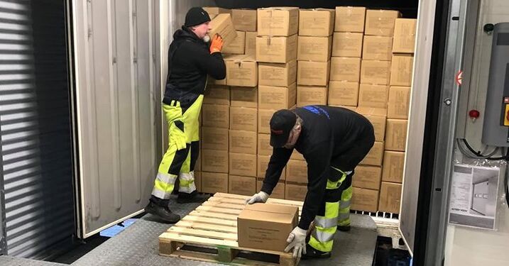 Frossen fisk og rejer losses af folk fra Hirtshals Stevedore. Foto: Arkiv.
