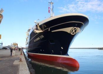 Nybygningen S349 Gitte Henning ved kaj i maj 2018 i Hirtshals Havn.