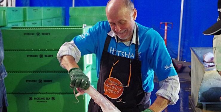 Niller alias Niels Kristian Nielsen, som er formand i Hirtshals Fiskeriforening og medlem af bestyrelsen hos Danmarks Fiskeriforening, fileterer her havtaske ved Hirtshals Fiskefestival. Foto (arkiv): Jens Kranen.