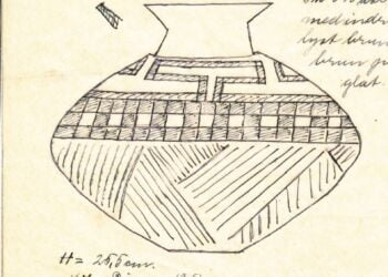 Tegning, der fint viser karrets ornamentik. Fotograferes karret oppefra, vil det øverste af karrets ornamentik danne det karakteristiske, runde mønster. Karret kan ses i museets oldtidsudstilling. Kilde: VHM.