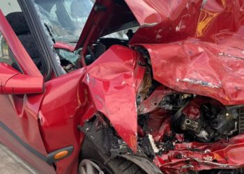 Spøgelsesbilistens bil fik en hård medfart ved sammenstødet med den modkørende bil på E39. 
Foto (arkiv): Per Frank Paulsen.