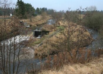 Foto som viser opstemningen ved dambruget (til venstre) og stryget (til højre). Strukturen på "øen"
er en slidske til kanoer. Den gamle fisketrappe anes til venstre langs dambruget. Foto: Hjørring Kommune.