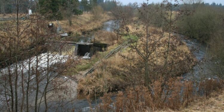 Foto som viser opstemningen ved dambruget (til venstre) og stryget (til højre). Strukturen på "øen"
er en slidske til kanoer. Den gamle fisketrappe anes til venstre langs dambruget. Foto: Hjørring Kommune.