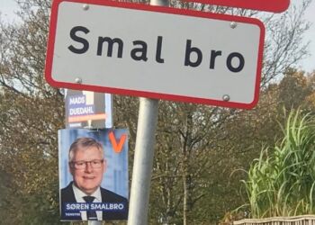 Ikke alle valgplakater hænger på ligeså velplacerede pæle som denne med Søren Smalbro fra Venstre. Foto: Dorte Lyager.