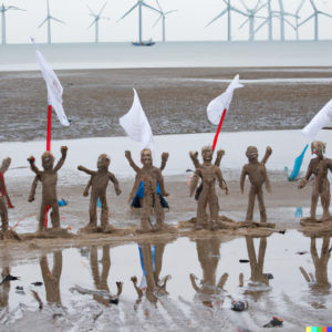 DALL·E 2022 08 28 13.31.55 Protesters against offshore windfarm modelled i clay