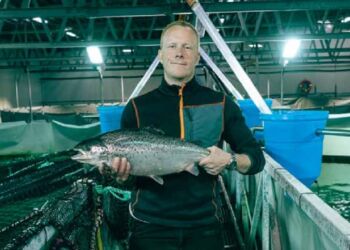 Dirketør Kim Lyhne med en laks hos Danish Salmon. Foto: Samvirke.