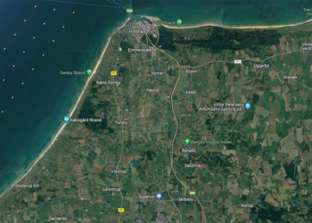 Visualisering af placeringen af 40 havvindmøller med 1200 meters afstand i 3 rækker. Foto: GERNOK.
