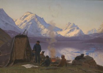 Carl Rasmussen (1841-1893): En grønlandsk boplads ved en fjord. Sommer, 1883. Olie på lærred, 58 x 84 cm. Statens Museums for Kunst. Foto: Public domain.