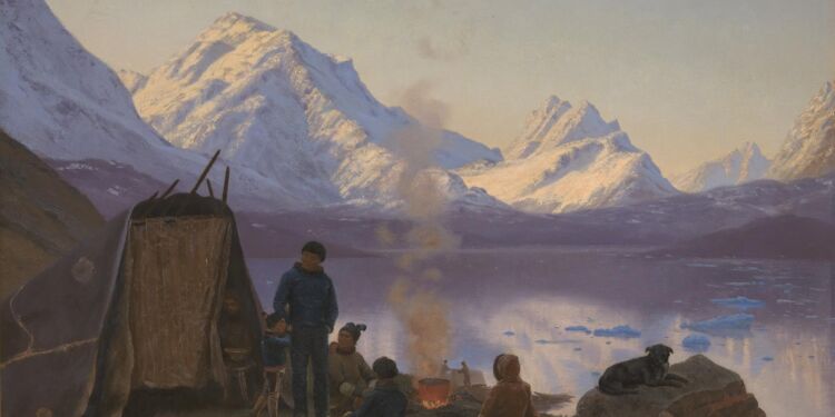 Carl Rasmussen (1841-1893): En grønlandsk boplads ved en fjord. Sommer, 1883. Olie på lærred, 58 x 84 cm. Statens Museums for Kunst. Foto: Public domain.