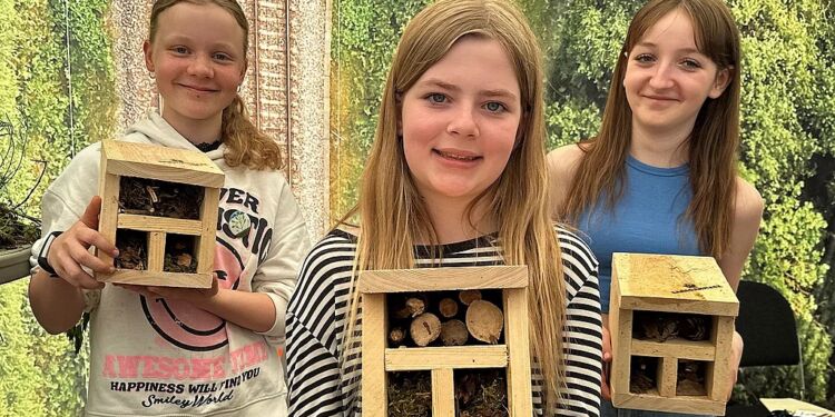 Eleverne viser deres insekthoteller frem.
Foto: Henriette Maj Pedersen.