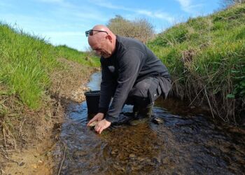 Lars Uthsen Holm Jakobsen i gang med vandløbspleje i bækken ved Jonstrupvej. Foto: Privat.