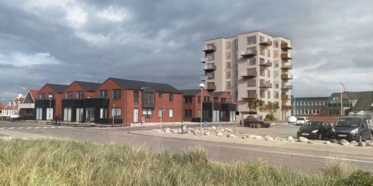 Projektet set fra nordvest ved Kystvejen.  Grafik fra projektansøgningen.