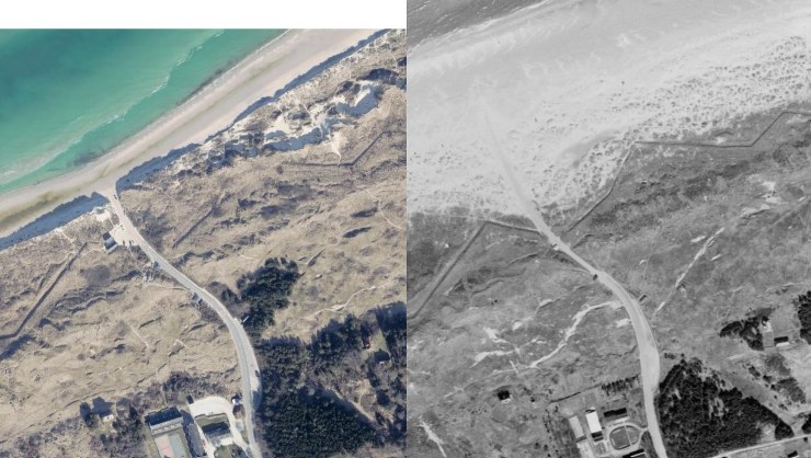 Foto fra nedkørslen til Tversted Strand fra nutiden og fra 1954. Foto udlånet af naturvejleder Jakob Kofoed.