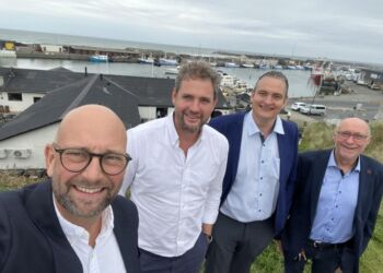 Rasmus Prehn, Esben Sverdrup-Jensen, Asser Mortensen og Niels Kristian Nielsen ved Trappen i Hirtshals.