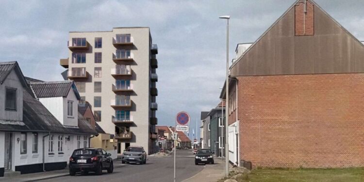 Det skrinlagte højhus set fra syd i Hjørringgade. Grafik fra projektansøgning.