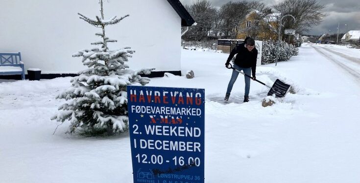 Karina Nielsen baner vejen og skovler sne foran Havrevang. Foto: Palle W. Nielsen