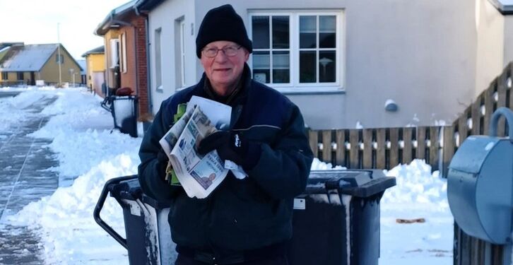 Erik Reiffenstein i gang med uddelingen af lokalavisen i Hirtshals. Foto: Marianne Højlund.