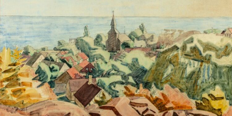 Niels Larsen Stevns. Udsigt fra Bokul over Gudhjem, uden årstal. Akvarel på papir.  Foto: VKM.