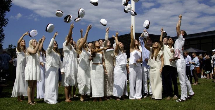 Der bliver kastet med studenterhuerne på græsplænen foran gymnasiet i Hjørring. Foto: STX.