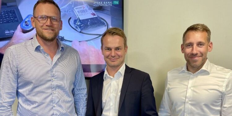 Michael Vendelbo (tv) i selskab med Søren Pedersen og Søren Herred Hansen hos Jyske Bank. Foto: Privat.