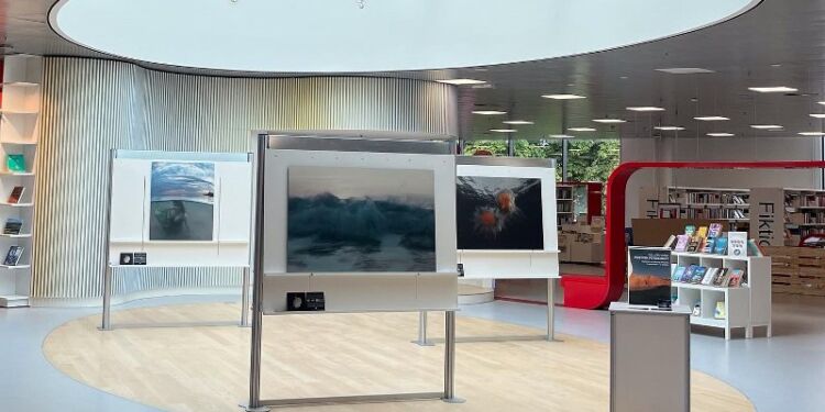 Udstillede billeder på Hjørring Bibliotek.