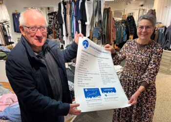 Handelschef Per Martensen og Lene Kruse Jensen med plakaten, der viser listen over butikker, hvor et lokalt elektronisk gavekort kan bruges i Hirtshals. Foto: Niels Skipper.