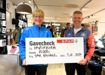 Formand Lene Dahlberg Poulsen fra Havstrygerne og købmand René Ejstrup Larsen fra Spar i Hirtshals.