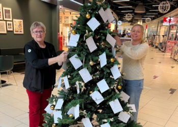 Jette Videnkjær (tv) fra Dansk Folkehjælp og Marketing Manager Jane Melgaard Olesen ved Ønsketræet. Foto: Palle W. Nielsen