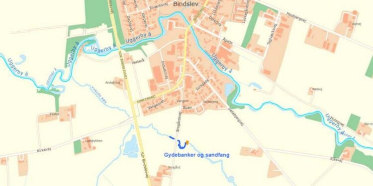 Oversigtskort, der viser placering af sandfang og gydebanker i Vangen Bæk. Foto: Hjørring Kommune.