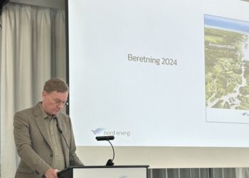 Bestyrelsesformand Jens Møller Lee aflægger beretning på Nord Energis repræsentantskabsmøde den 29. april 2025. Privatfoto