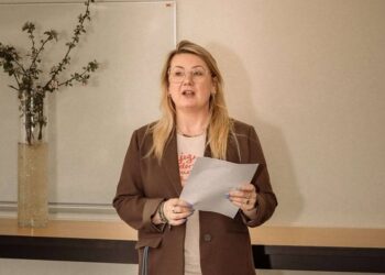 Borgmesterkandidat Mai-Britt Beith holdt torsdag morgen den 1. maj i år tale hos 3F Skagerak. Foto: Aage Møller-Pedersen.