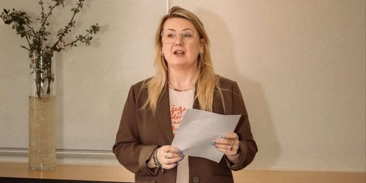 Borgmesterkandidat Mai-Britt Beith holdt torsdag morgen den 1. maj i år tale hos 3F Skagerak. Foto: Aage Møller-Pedersen.