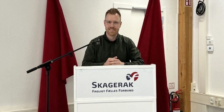 Den socialdemokratiske byrådskandidat Martin Prentow talte 1. maj hos 3F Skagerak. Foto: Privat.
