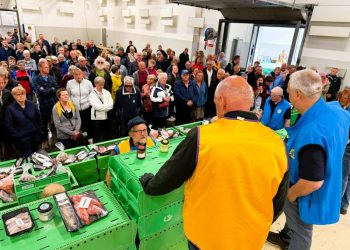 Masser af købelystne lokale og turister mødte frem til lørdagens fiskeauktion hos Lions i Hirtshals. Foto: Niels Skipper.