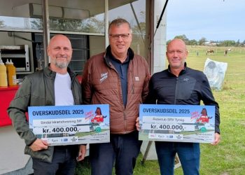 Sindal Idrætsforening ved Martin Jørgensen og Rideklubben SRV Tyrsig ved Dennis Havsager modtager hver 400.000 af Markedsudvalget ved Lars Skoven Kristensen.