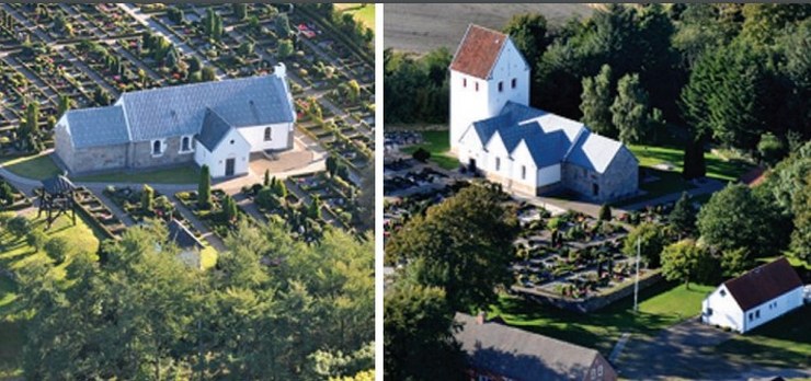 Tversted Kirke (tv) og Uggerby Kirke.