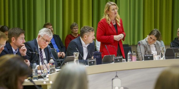 Mai-Britt Beith fra Socialdemokratiet ses her have ordet i det nye byråds første samling før nytår hos Hjørring Kommune. Foto: Hans Ravn.