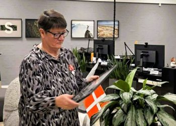 Mette Haugaard Andersen under hyldesten i Spar Nord. Foto: Privat.