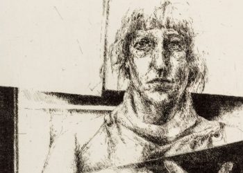 Vibeke Mencke Nielsen. Mellem billeder, selvportræt fri arbejde, 1977-79. Ætsning, 664 x 557 mm. Foto: Vendsyssel Kunstmuseum.