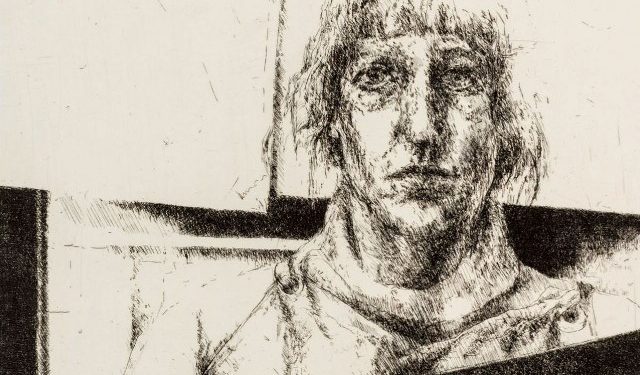Vibeke Mencke Nielsen. Mellem billeder, selvportræt fri arbejde, 1977-79. Ætsning, 664 x 557 mm. Foto: Vendsyssel Kunstmuseum.