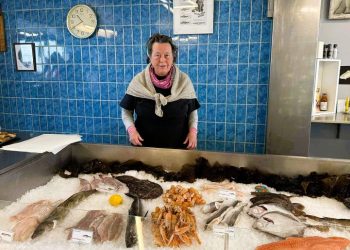 Jane Axelsen havde denne fredag ingen havkatte i sin ellers velassorterede køledisk hos Vores Fisk i Hirtshals. Det er hun dog helt sikker på, at hun har til pinsen 2026. Foto: Niels Skipper.