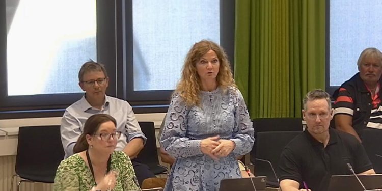Betina D. Jensen fra Venstre har ordet i byrådssalen på Hjørring Rådhus. Foto: Screenshot.