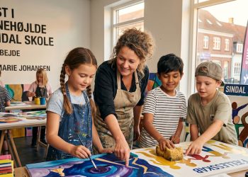Elever fra Sindal Skole afholder fernisering på Børnekunst på Nørregade 8. Foto: AI illustration.