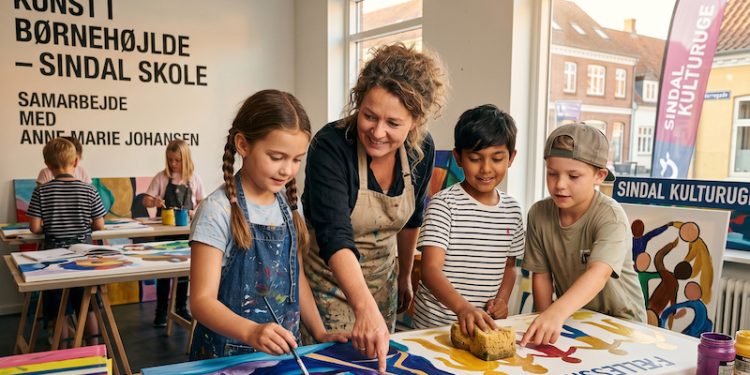 Elever fra Sindal Skole afholder fernisering på Børnekunst på Nørregade 8. Foto: AI illustration.
